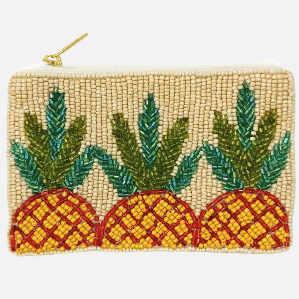 Pineapples Seed Beaded Canvas Pouch - Fully Lined Inside - 100% Cotton Bag - Approximately 5" L X 4" T view 2