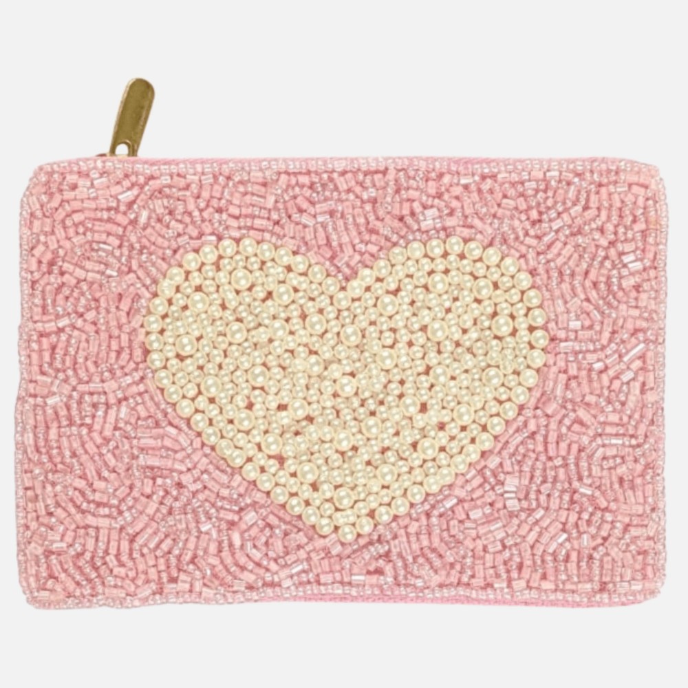 Pearl Heart Seed Beaded Canvas Pouch - Fully Lined Inside - 100% Cotton Bag - Approximately 5" L X 4" T view 2