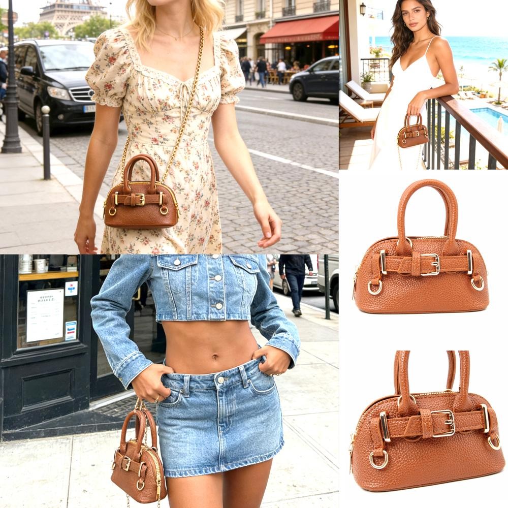 Vegan Leather Cross Body Tote Bag With Buckle Detail - Full Closure - Removeable Chain Link Strap - Approximately 5.5" L X 3.5" T X 3" D view 4