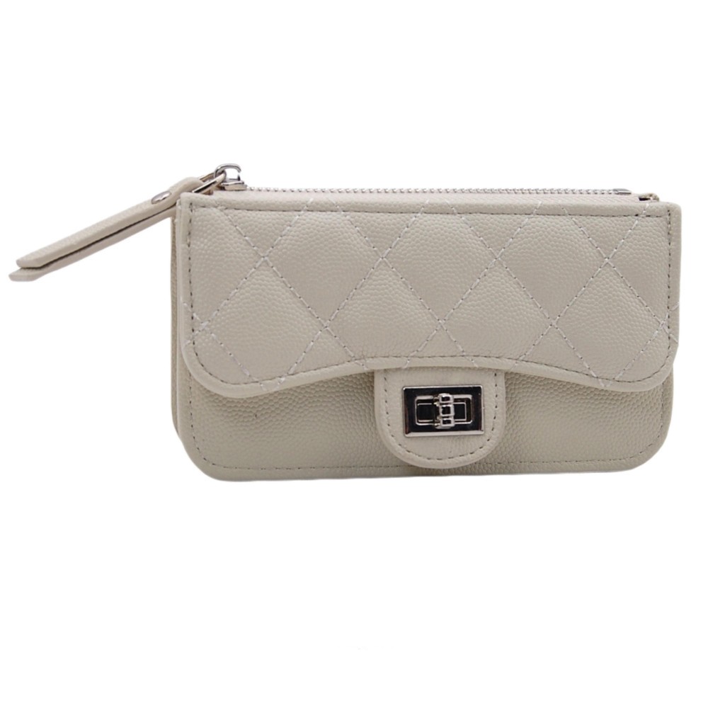 Quilted Vegan Leather Wallet With Turn Lock Closure - Outer Driver's License Holder - 4 Outer Card Holders - 1 Outer Open Pocket - Full Zip Closure - Internal Chain Link Key Ring - Approximately 5.5" L X 3" T X 1" D view 2