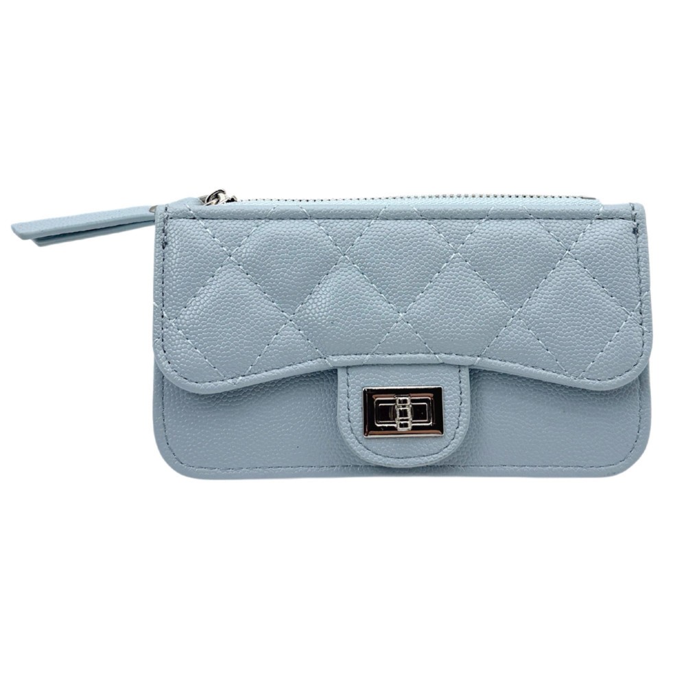 Quilted Vegan Leather Wallet With Turn Lock Closure - Outer Driver's License Holder - 4 Outer Card Holders - 1 Outer Open Pocket - Full Zip Closure - Internal Chain Link Key Ring - Approximately 5.5" L X 3" T X 1" D view 2