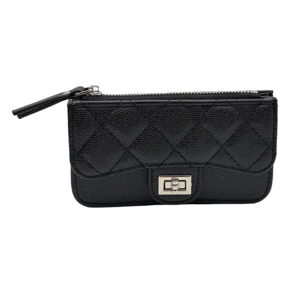 Quilted Vegan Leather Wallet With Turn Lock Closure - Outer Driver's License Holder - 4 Outer Card Holders - 1 Outer Open Pocket - Full Zip Closure - Internal Chain Link Key Ring - Approximately 5.5" L X 3" T X 1" D view 2