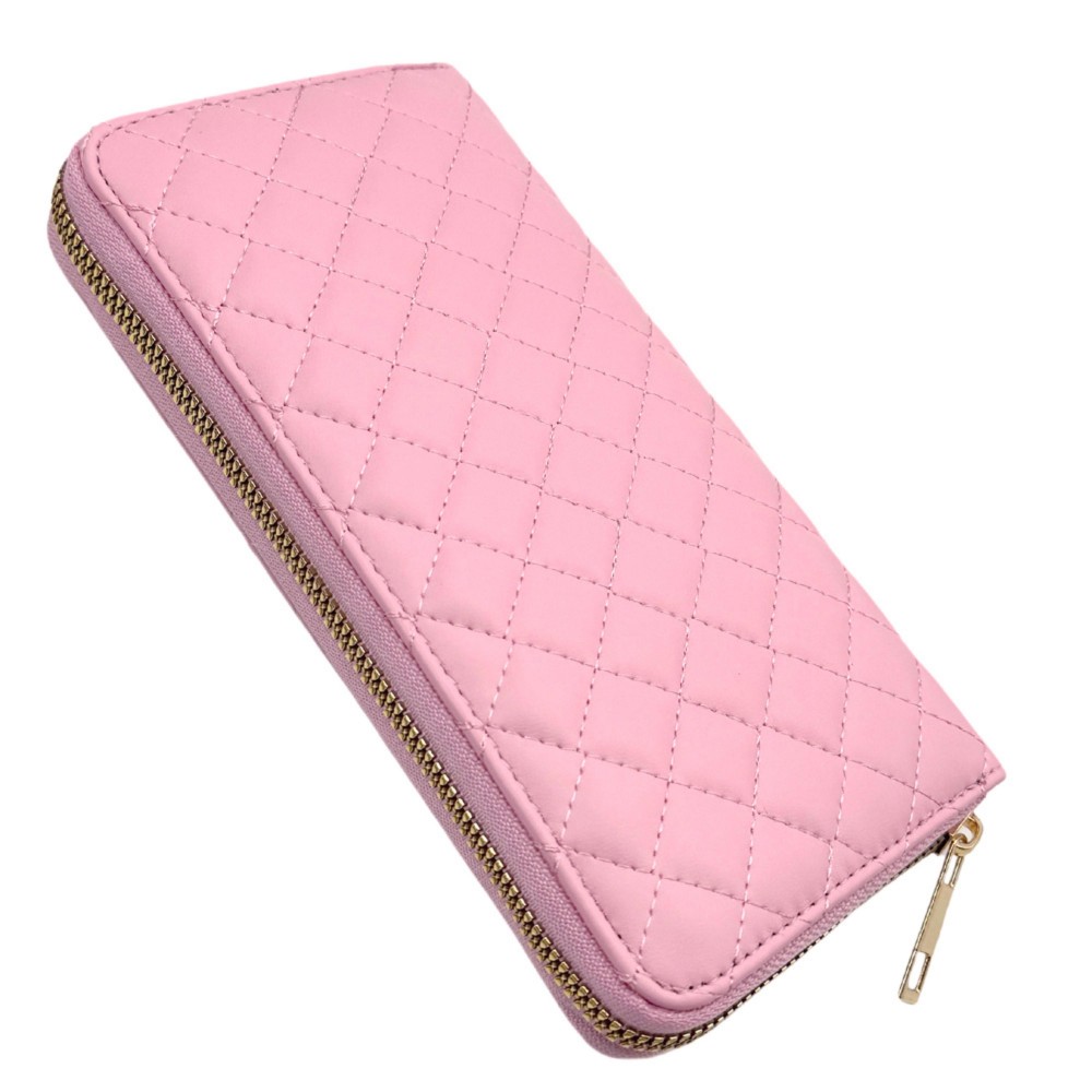 Quilted Vegan Leather Wallet - Full Zip Closure - 5 Open Pockets - 1 Zip Pocket - 8 Card Holders - Removeable Wristlet Handle - Approximately 7.5" L X 4" T X .5" D view 2