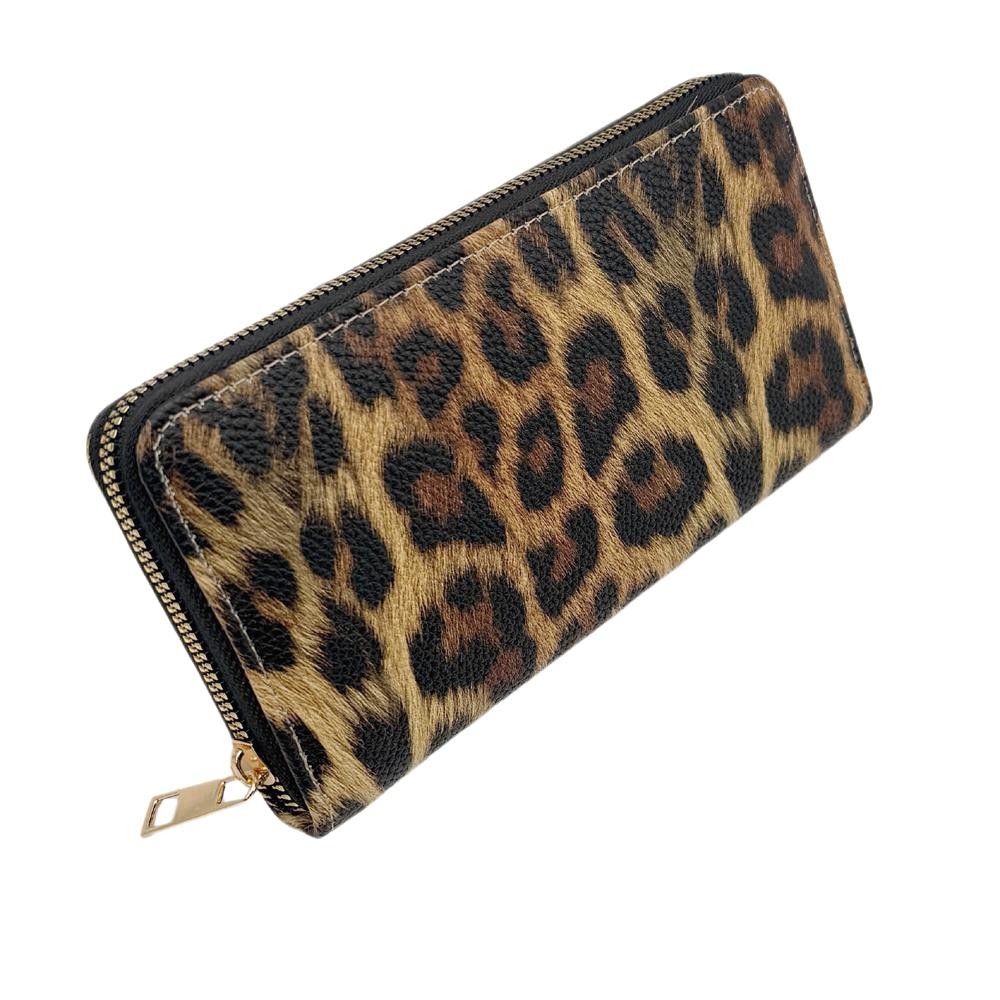 Leopard Print Vegan Leather Wallet - Full Zip Closure - 5 Open Pockets - 1 Zip Pocket - 8 Card Holders - Removeable Wristlet Handle - Approximately 7.5" L X 4" T X .5" D view 2