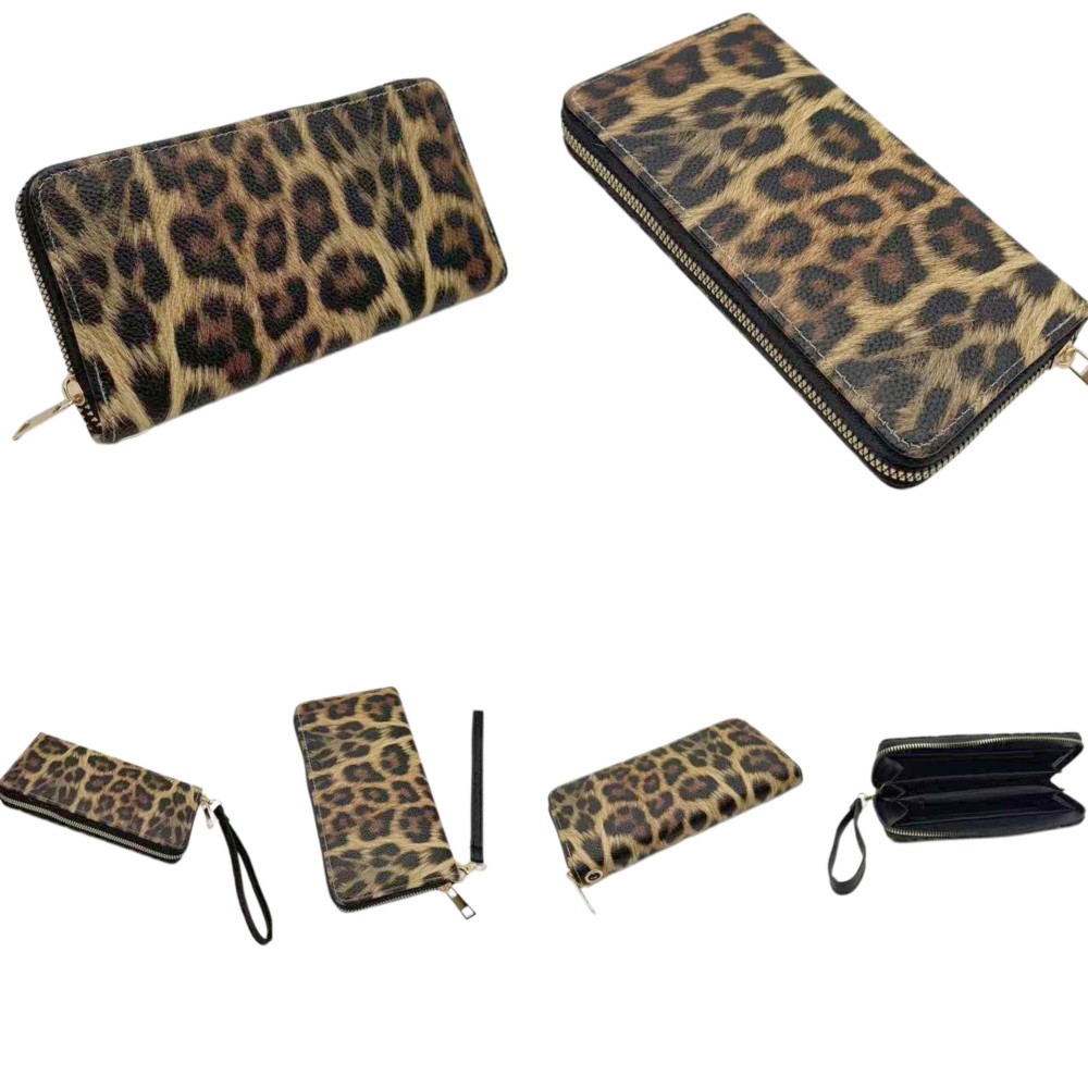 Leopard Print Vegan Leather Wallet - Full Zip Closure - 5 Open Pockets - 1 Zip Pocket - 8 Card Holders - Removeable Wristlet Handle - Approximately 7.5" L X 4" T X .5" D view 6