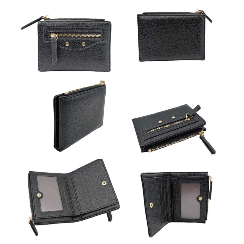 Vegan Leather Bifold Wallet - 2 Outer Zip Pockets - Snap Closure - 2 Open Pockets - 1 Drivers License Holder - Three Card Holders - Approximately 5" L X 3.5" T view 2