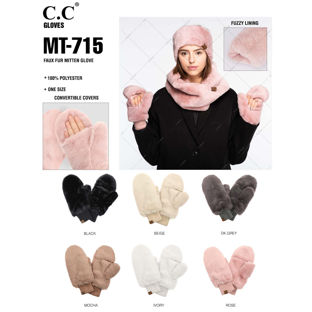 C.C MT-715 Faux Fur Mitten Glove - One Size - Convertible Covers - 100% Polyester view 4