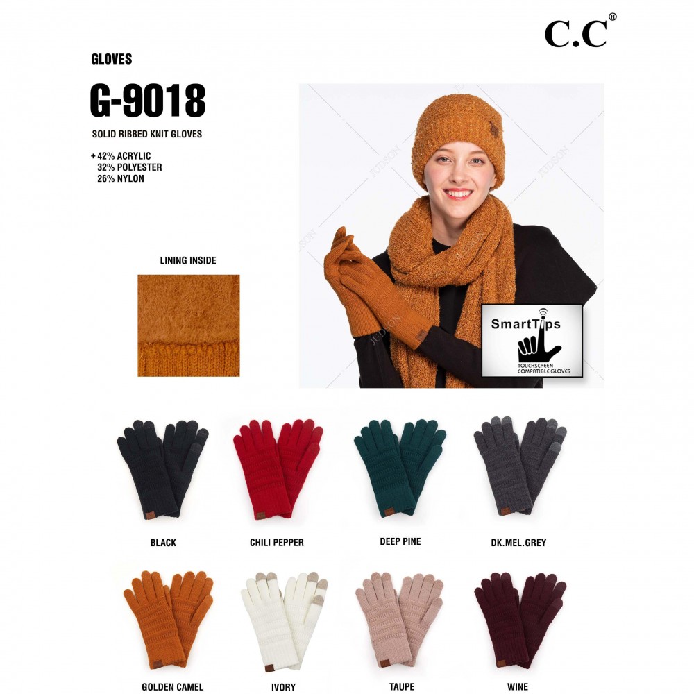 C.C G-9018 Solid Ribbed Knit Smart Touch Gloves - Touchscreen Compatible - One Size - 42% Acrylic / 32% Polyester / 26% Nylon view 4